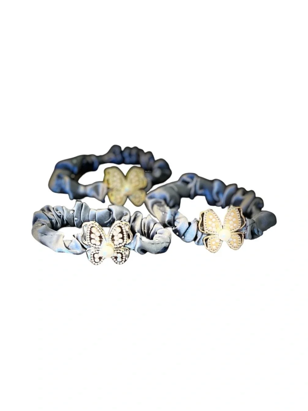 Butterfly Charm Blue Satin Scrunchie Hair Tie (Set of 3) FINAL PRICE DROP